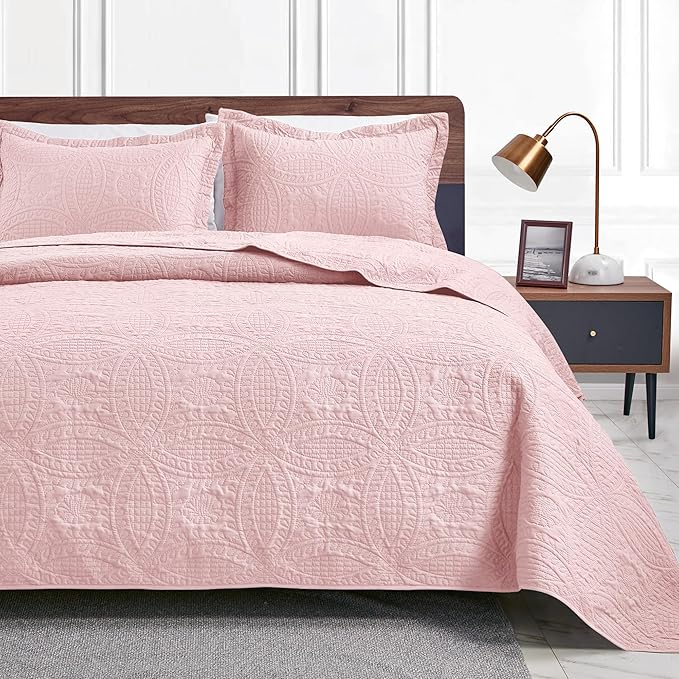 Love's cabin Twin Quilt Set Pink Bedspreads - Soft Bed Summer Lightweight Bedspread Comforter - Modern Style Coin Pattern Coverlet for All Season - 2 Pieces (1 Quilt, 1 Pillow Sham)