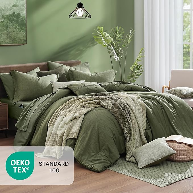 Monbix Full Size Comforter Set, Olive Green Bedding Comforter for Full Size Bed Set Reversible, Bedding Sets Full 7 Pieces, Cationic Dyeing Bed in a Bag with Comforter, Sheets, Pillowcases & Shams