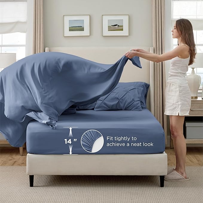 Bedsure Twin Comforter Set Slate Blue - Bed in a Bag Twin Size Bedding 5 Pieces, GentleSoft™ Pintuck Bed Set Gift for Family, Pinch Pleat Slate Blue Comforter with Sheets, Pillowcase & Sham