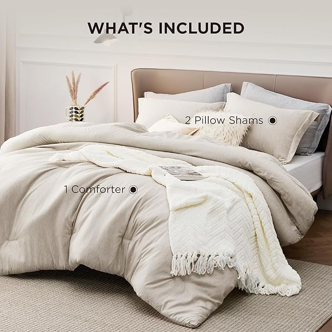 Bedsure Full Comforter Set - Beige Soft Bedding for All Seasons, Cationic Dyed Bed Set, 3 Pieces, 1 Full Size Comforter (82"x86") and 2 Pillow Shams (20"x26"+2")