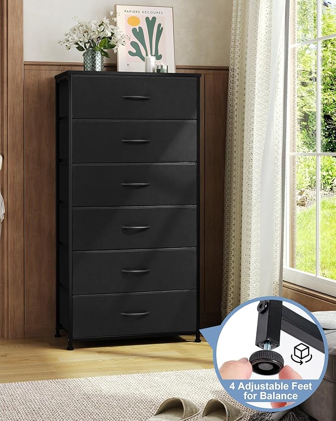 Crestlive Products Dresser for Bedroom with 6 Drawers, Tall Chest of Drawers, Black Dressers Bedroom Furniture, Storage Organizer Unit with Bins for Closet, Hallway, Living Room, Entryway
