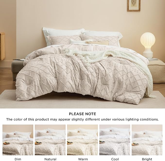 Bedsure King Comforter Set - Beige Comforter, Boho Tufted Shabby Chic Bedding for Kids, 3 Pieces Vintage Farmhouse Bed Set for All Seasons, Fluffy Soft Bedding with 2 Pillow Shams