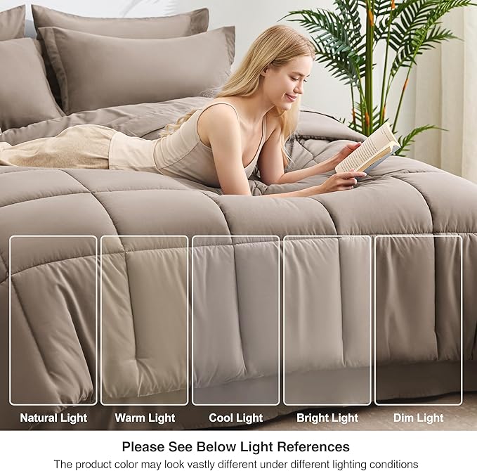 Love's cabin King Size Comforter Set Light Brown, 7 Pieces King Bed in a Bag, All Season Bedding Sets with 1 Comforter, 1 Flat Sheet, 1 Fitted Sheet, 2 Pillowcase and 2 Pillow Sham