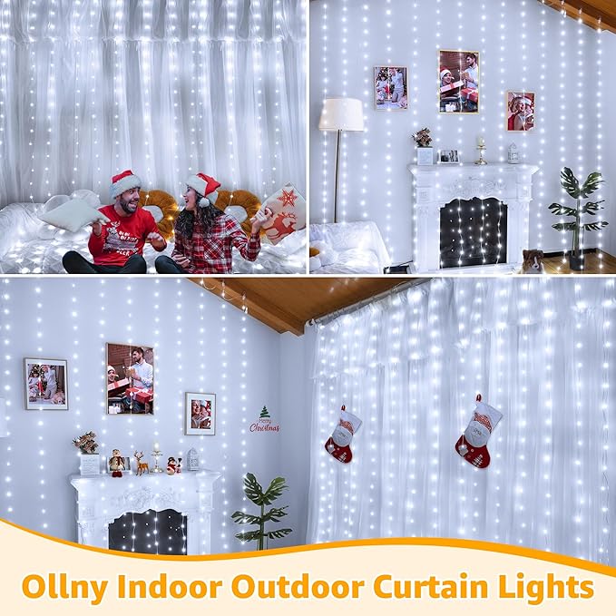 Ollny Curtain Lights 600LED 19.7ft x 9.8ft, IP67 Waterproof Outdoor Curtain Rice Lights with Remote, Plug-in Untangle Fairy Curtain Light with 8 Modes 3 Timers for Wall Backdrop Decor(Cool White)