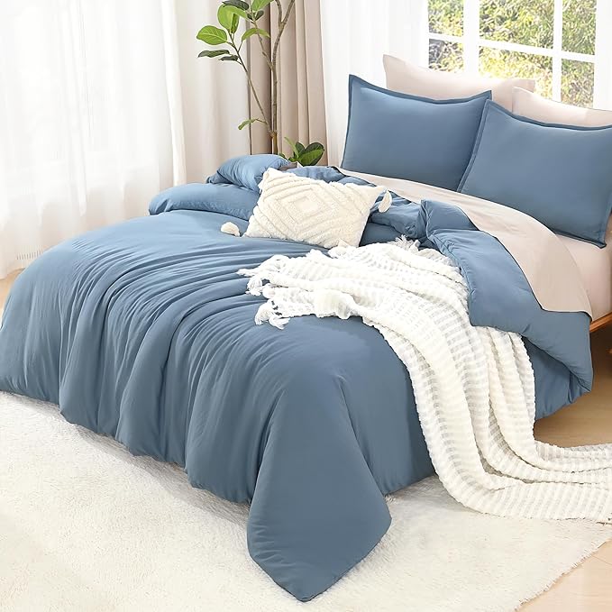 Litanika Grayish Blue Comforter Set California King Size, 3 Pieces Lightweight Solid Bedding Comforter Set, All Season Fluffy Bed Set (104x96In Comforter & 2 Pillowcases)