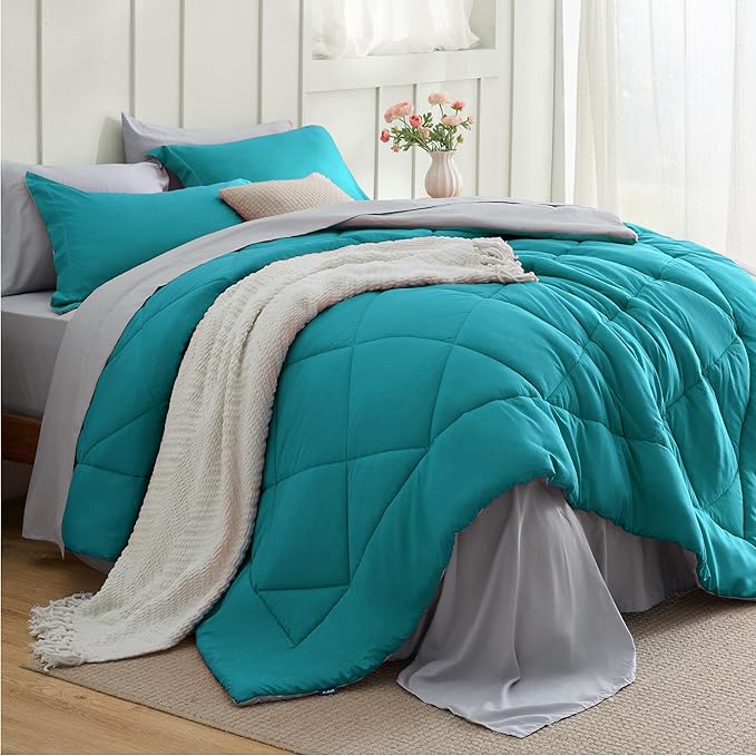 Bedsure Full Size Comforter Set - 7 Pieces Reversible Teal Bedding, Full Size Bed Set for All Seasons, Bed in a Bag with Down Alternative Comforter, Sheets, Pillowcases & Shams