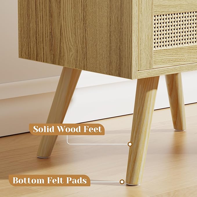 SUPERJARE 2 Drawer Night Stand with Charger Station, Boho Rattan Nightstand Set of 2, 25.2 Inch Tall Bed Side Table with Solid Wood Feet, End Table, Open Storage, Synthetic Rattan, for Dorm, Natural
