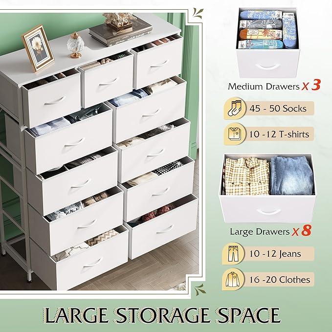 WLIVE Storage Organizer Unit with 11 Fabric Bins, Storage Drawers Organizer with Steel Frame, Tall Storage Tower Organizaton for Living Room, Hallway, Office, White