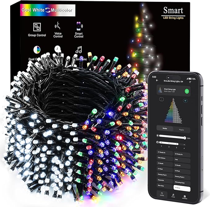 BrizLabs Smart Christmas Tree Lights, 262ft 800 LED Color Changing WiFi Christmas Lights Work with Alexa & Google Home, Cool White & Multicolor APP Xmas Light Music Sync Smart Light for Xmas Tree Home