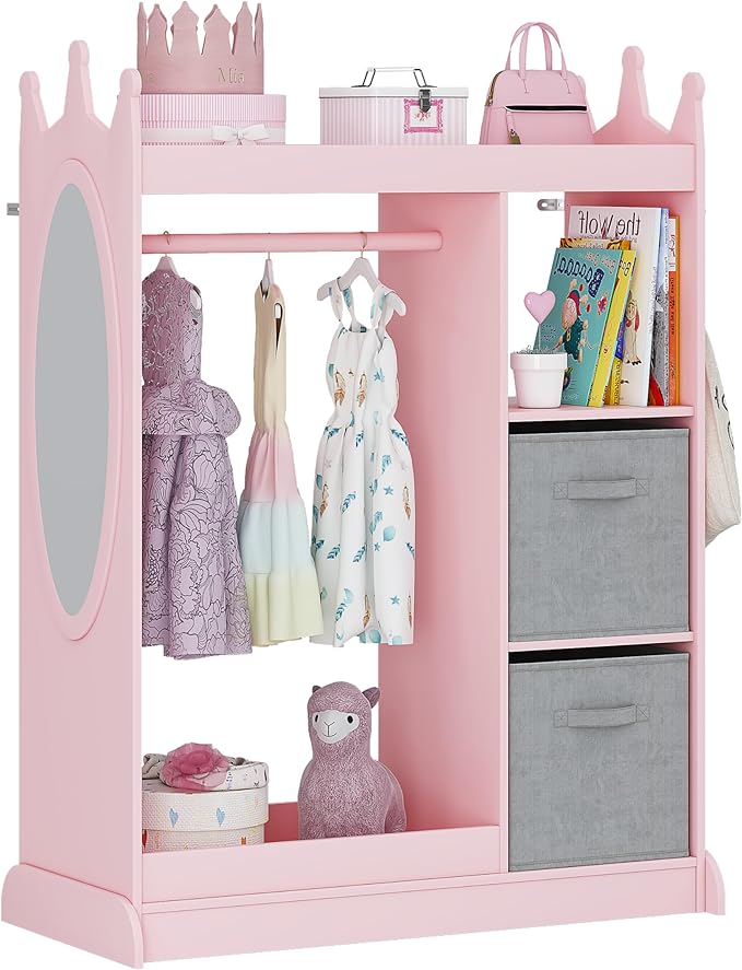UTEX Kids Armoire Wardrobe Closet with Mirror and Storage Bin, Pink, 33.4 in W x 15.75 in D x 44.5 in H