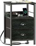 Furologee Nightstand with Charging Station, Black Night Stand with 2 Fabric Drawers, Side Table with USB Ports, End Table with Storage Shelf, for Living Room/Bedroom, Black Oak