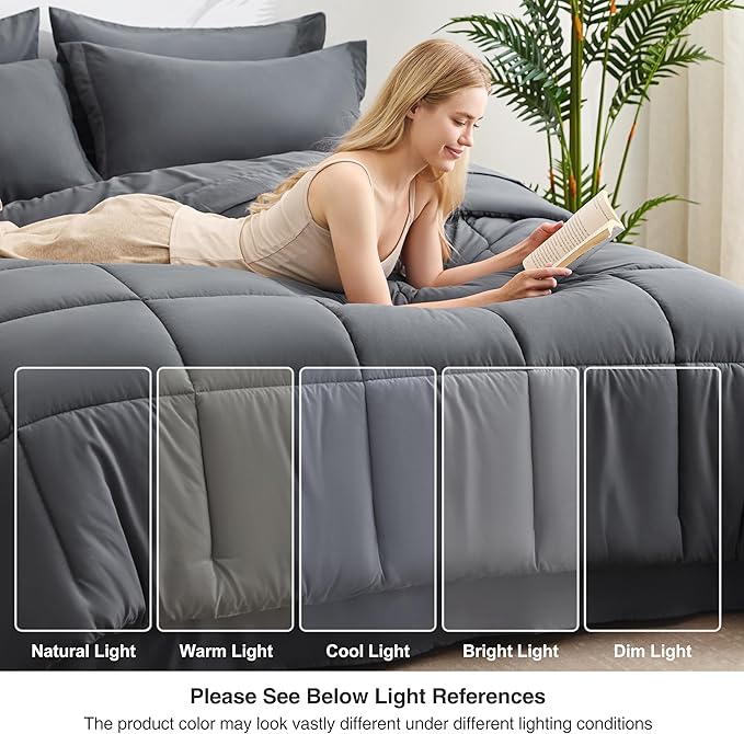 Love's cabin King Size Comforter Set Soot Grey, 7 Pieces King Bed in a Bag, All Season Bedding Sets with 1 Comforter, 1 Flat Sheet, 1 Fitted Sheet, 2 Pillowcase and 2 Pillow Sham