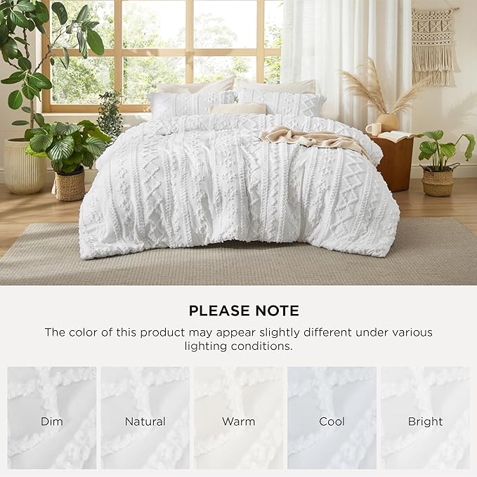 Bedsure Tufted Boho Comforter Set Oversized King - Bright White Boho Bed Set, GentleSoft™ 3 Pieces Farmhouse Shabby Chic Embroidery Bedding, Gifts for Woman, Soft Jacquard Comforter for All Seasons