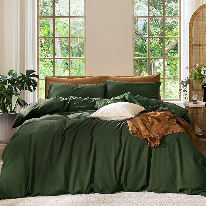 MooMee Bedding Duvet Cover Set 100% Washed Cotton Linen Like Textured Breathable Durable Soft Comfy (Solid Forest Green, Super King Plus 120"x120")