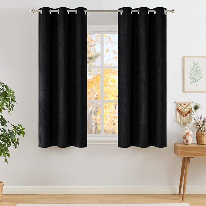 NICETOWN Short Faux Linen Black Blackout Curtains 63 inches Long for Kitchen - Privacy Panels for Living Room Bedroom, Modern Farmhouse Style Easy Care Grommet Top, 2 Panels, W42 by L63