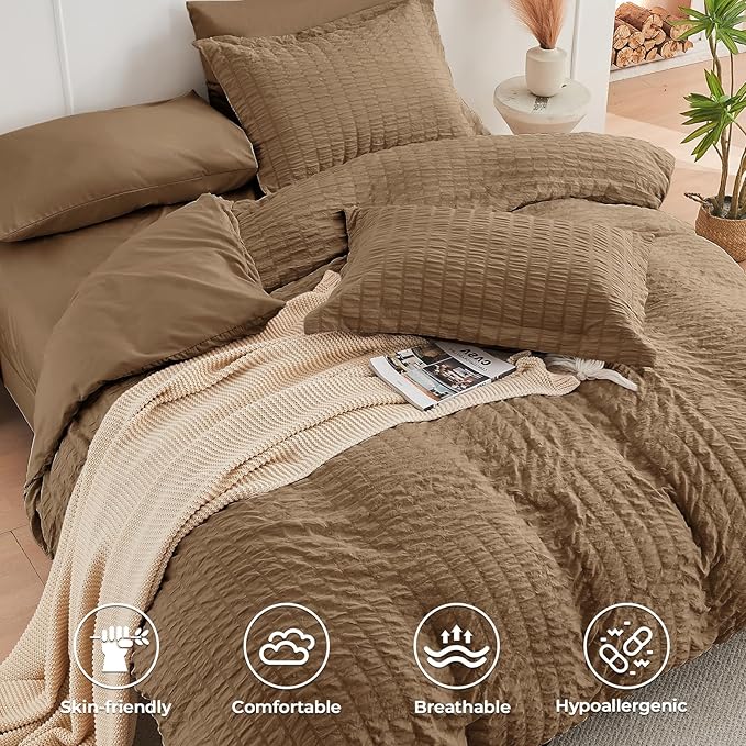 HYMOKEGE Brown Full Size Comforter Sets Seersucker 7 Pieces, All Season Luxury Bed in a Bag for Bedroom, Bedding Set with Comforter, Sheets, Pillowcases & Shams