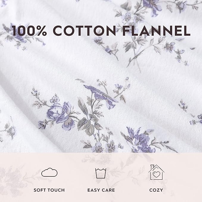 Laura Ashley - Flannel Sheets Twin Size, Anti-Pilling & Wrinkle Resistant Cotton, Touchably Soft for All-Season Comfort - Bed Sheets with Matching Pillowcase & Fitted Sheet (Jessika Lavender)