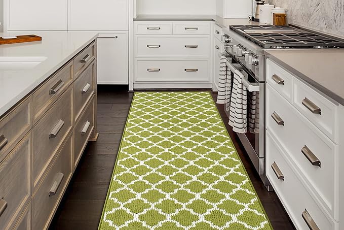 Custom Size Moroccan Trellis Runner Rug Mat for Wide Hallway Entryway Kitchen Laundry Room with Slip Resistant Latex Rubber Backing, Trellis Green, 31 inch X 12 feet