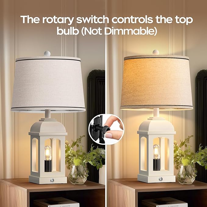 QiMH Table Lamp for Living Room, Farmhouse Lamps Set of 2 with USB A+C and Nightlight, 26" Rustic Bedside Lamps with 3-Way Dimmable, Touch Nightstand Lamp for Bedroom, White