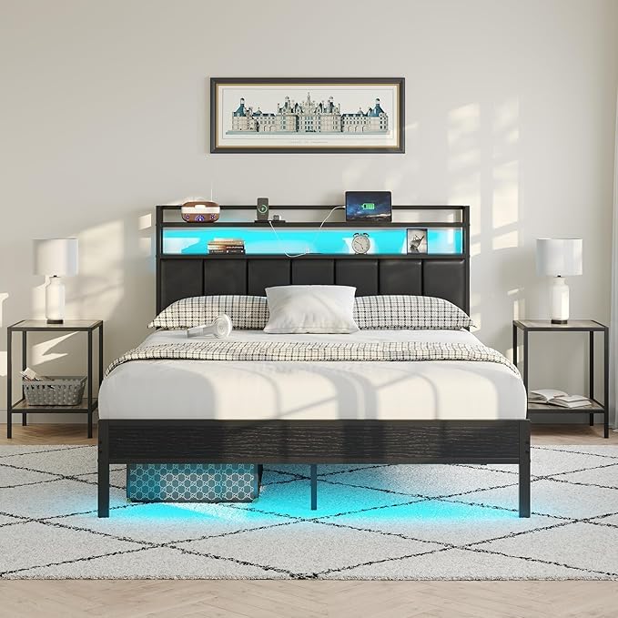 Queen Size Bed Frame with Charging Station and LED Lights, Metal Bed Frame with Headboard, Black Upholstered Headboard with 2-Tier Storage Shelves, Noise Free, No Box Spring Needed