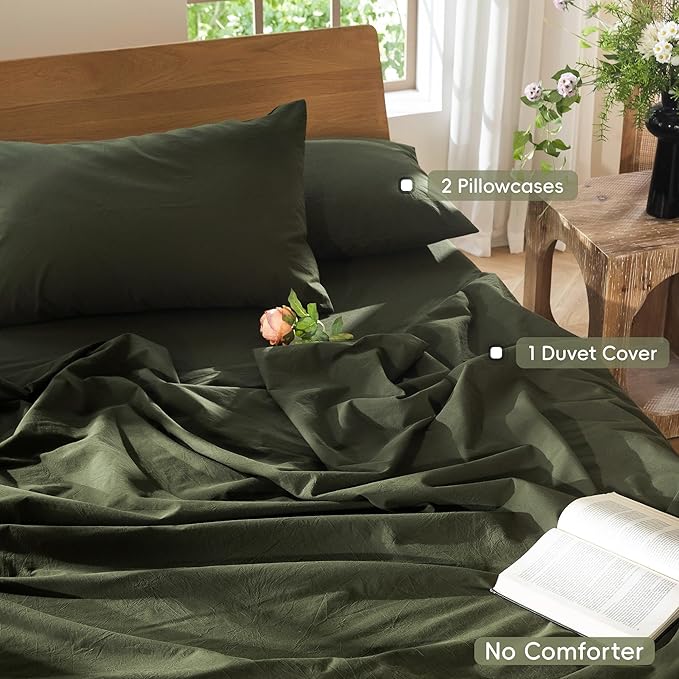 MooMee Bedding Duvet Cover Set 100% Washed Cotton Linen Like Textured Breathable Durable Soft Comfy (Solid Olive Green, Super King Plus 120"x120")
