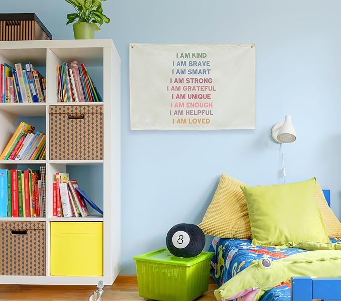 Boho Rectangular Banner Flag Wall Sign Decor Gift for Baby Boy Girl Kids,Positive Nursery Classroom Above Crib Bedroom Playroom Reading Room Essential Wall Decor- Christmas Gift I am Kind I am Brave
