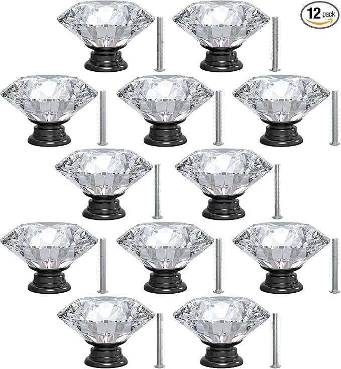12-Pack Crystal Glass Cabinet Knobs for Home Decor, Vanity Drawers, Desks, Wardrobe Doors, Standard Screws Easy Installation for Home Refurbishment and Redecoration (Clear Crystal, 40mm, Black Base)