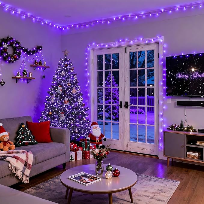 JMEXSUSS Purple Christmas Lights Indoor Outdoor Clear Wire, 66ft 200 LED Purple Lights for Christmas Tree, 8 Modes Deep-Violet String Lights Plug in for Christmas Bedroom Garden Party Xmas Decorations