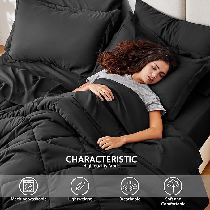 Love's cabin Twin XL Comforter Set Black, 5 Pieces Twin XL Bed in a Bag, All Season Bedding Sets with 1 Comforter, 1 Flat Sheet, 1 Fitted Sheet, 1 Pillowcase and 1 Pillow Sham