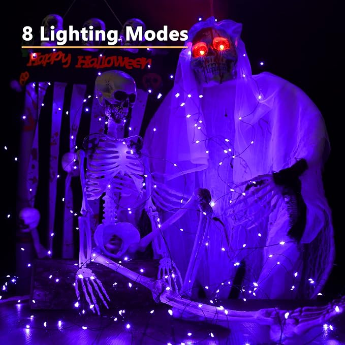 Brizled Halloween Fairy Lights, 2 Pack Total 78FT 240 LED Purple Fairy Lights, 8 Modes Solar Powered Purple Light, Twinkle Outdoor Halloween Light String for Outside Party Home Decor Black Wire