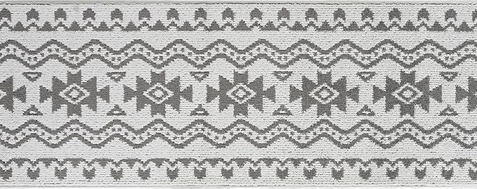 Custom Size Southwestern Style Runner Rug Mat for Wide Hallway Entryway Kitchen Laundry Room with Slip Resistant Latex Rubber Backing, Aztec Light Grey, 31 inch X 12 feet