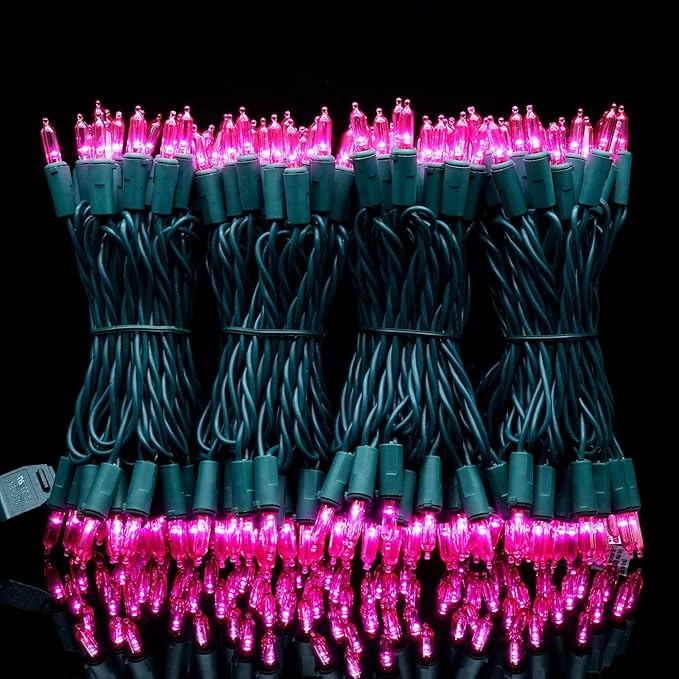 YULETIME 200 Count Pink LED Christmas Lights, 66 Feet Green Wire UL Certified Commercial Grade Holiday String Light Set (Pink)
