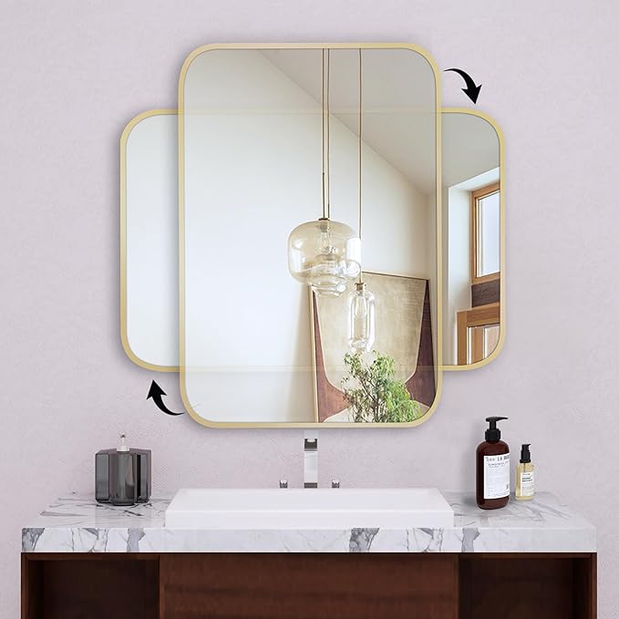 20"x30" Brushed French Gold Mirror for Wall, Gold Rounded Rectangle Mirror with Metal Frame Hanging for Bathroom Entryway Vanity,Living Room,Bedroom,Vertical or Horizontal