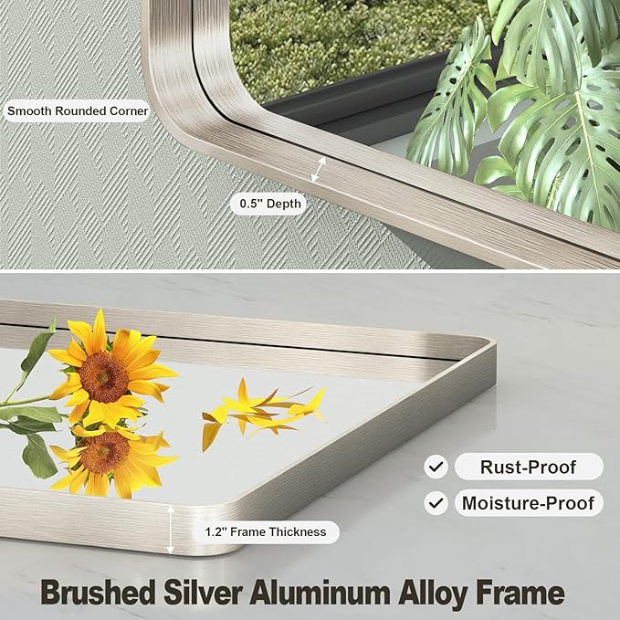 40x30 Inch Brushed Nickel Bathroom Mirror, Brushed Silver Metal Framed Wall Mirror, Rounded Corner Rectangle Modern Vanity Mirror, Tempered Glass, Anti-Rust, Shatterproof (Horizontal/Vertical)