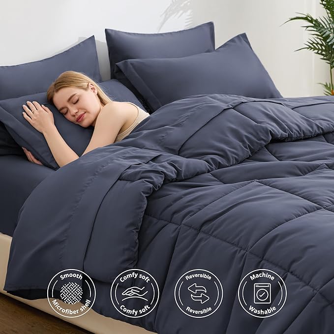 Love's cabin California King Comforter Set Indigo Blue, 7 Pieces California King Bed in a Bag, All Season Bedding Sets with 1 Comforter, 1 Flat Sheet, 1 Fitted Sheet, 2 Pillowcase and 2 Pillow Sham