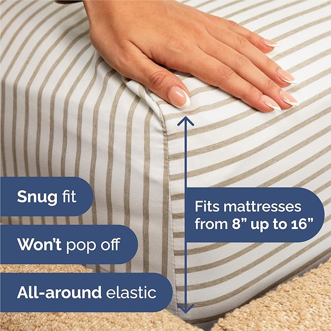 Split King 7 Piece Sheet Set - Comfy Breathable & Cooling - Soft Hotel Luxury Bedding Set w/ 8-16 Inch Deep Pockets - 1 Flat & 2 Fitted Sheet & 4 Pillowcases - Cozy & Wrinkle Free - Beige Stripes 2