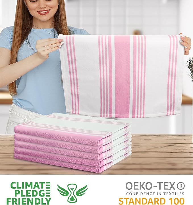Urban Villa Kitchen Towels 100% Cotton Pack of 6, Highly Absorbent Quick Drying Super Soft Premium Dish Towels for Kitchen with Hanging Loop Hand & Tea Towels - 20x30 Inch, (Pink & White, Striped)