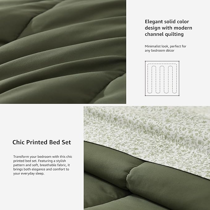 Monbix Queen Comforter Set - 7 Pieces Olive Green Bed in a Bag Queen Track Stitching Bedding Sets, All Seasons Down Alternative Comforter Bed Set with Sheets,Pillowcases & Shams