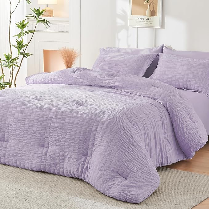 HYMOKEGE Lavender Full Size Comforter Sets Seersucker 7 Pieces, All Season Luxury Bed in a Bag for Bedroom, Bedding Set with Comforters, Sheets, Pillowcases & Shams
