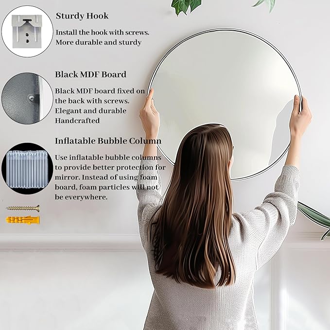 Silver Round Mirror 24 inch, Circle Mirror with Metal Frame, Silver Circle Mirrors for Living Room, Bathroom, Wall, Hallway.