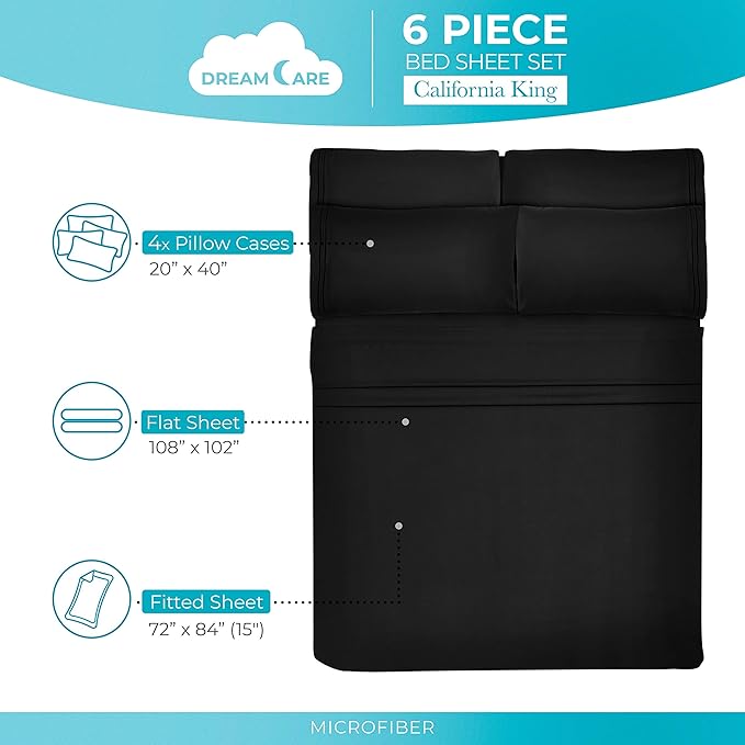 DREAMCARE California King Sheet Sets – 6 pcs Cooling Bed Sheets – up to 15” Deep Cal King Sheets – 2500 Supreme Collection – Extra Soft 100% Brushed Microfiber Hotel Luxury with Side Pocket – Black
