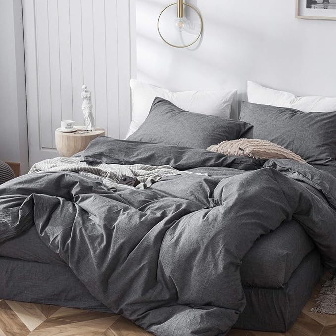 MooMee Bedding Duvet Cover Set 100% Washed Cotton Linen Like Textured Breathable Durable Soft Comfy (Heathered Dark Grey, King 104"x90")