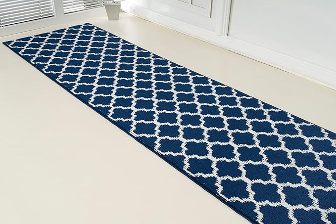 Custom Size Cut to Length Moroccan Trellis Design Runner Rug Mat For Wide Long Hallways with Non-Slip Rubber Backing, Better Traction for Pets, Prevent Slippage, Trellis Navy Blue, 31 inch X 10 feet