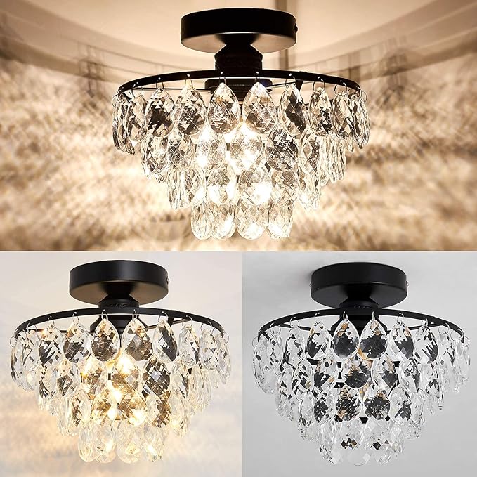 YYJLX Modern Small Crystal Ceiling Light Fixture Mini Black Semi Flush Mount Chandelier Light Fixture for Hallway Bedroom Bathroom Closet e26