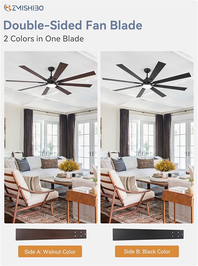 ZMISHIBO 72 inch Large Ceiling Fans with Lights and Remote, Indoor/Outdoor Black Modern Ceiling Fan for Kitchen Living Room Patio, 6 Speed Reversible Quiet DC Motor, 3 CCT, Dual Finish 8 Blades