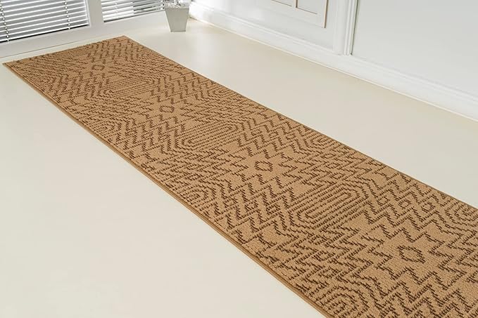 Custom Length Cut to Size Tribal Ethnic Southwestern Inspired Hallway Runner Rug, Non Slip Rubber Backed, 31 inch Wide X Customized Length, Inca Tan, 31 inch X 21 feet