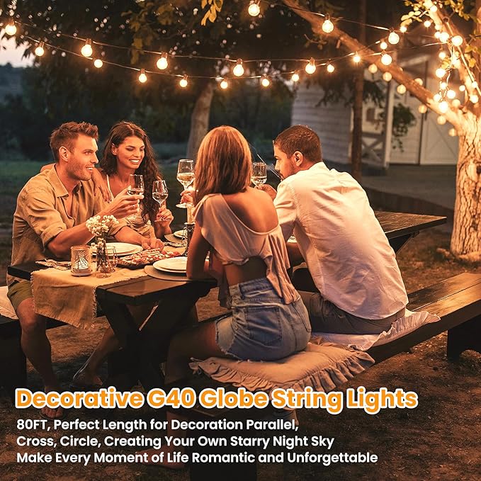 80FT Outdoor G40 LED Globe String Lights Dimmable Waterproof Shatterproof Light Strings with 40 Bulbs Connectable Commercial Hanging Lights for Christmas Patio House Backyard Balcony Party
