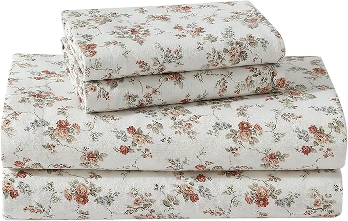 Laura Ashley - Flannel Sheets Full Size, Anti-Pilling & Wrinkle Resistant Cotton, Touchably Soft for All-Season Comfort - Bed Sheets with Matching Pillowcases & Fitted Sheet (Le Fleur Orange)