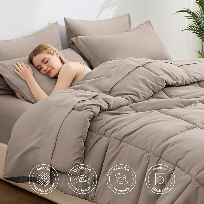 Love's cabin Twin Comforter Set Light Brown, 5 Pieces Twin Bed in a Bag, All Season Bedding Sets with 1 Comforter, 1 Flat Sheet, 1 Fitted Sheet, 1 Pillowcase and 1 Pillow Sham