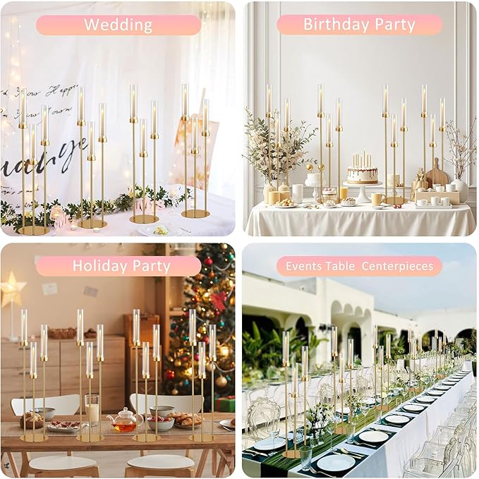 Vincidern 10pcs Gold 3 Arm Candelabra Taper Candle Holder for Table Centerpieces, 34in Tall Metal Candlestick Holder with Acrylic Lampshade for Wedding,Party,Holiday Christmas, Halloween Candelabra